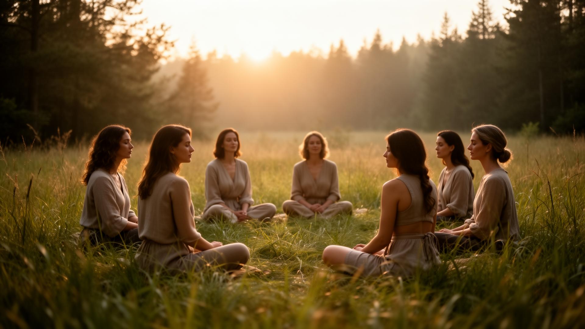 Women seated in reflection in a meadow at golden hour